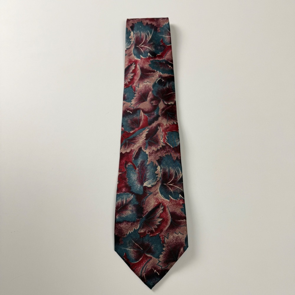 Vintage Christian Dior Monsieur Burgundy Teal Leaf Pattern Silk Tie‎ USA